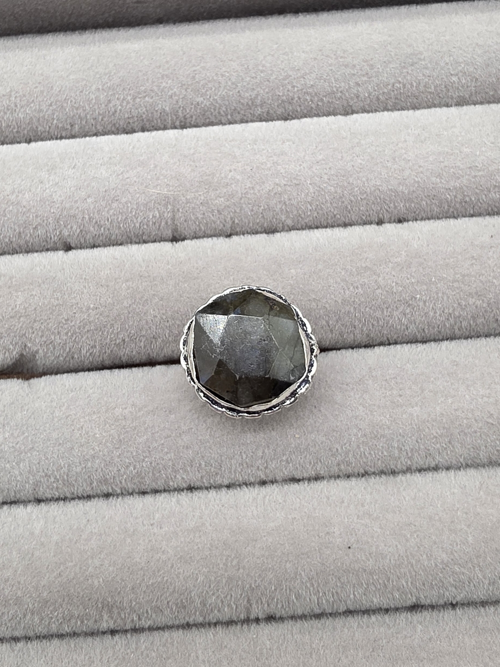Round Faceted Labradorite Stone Ring Size 6 Accent